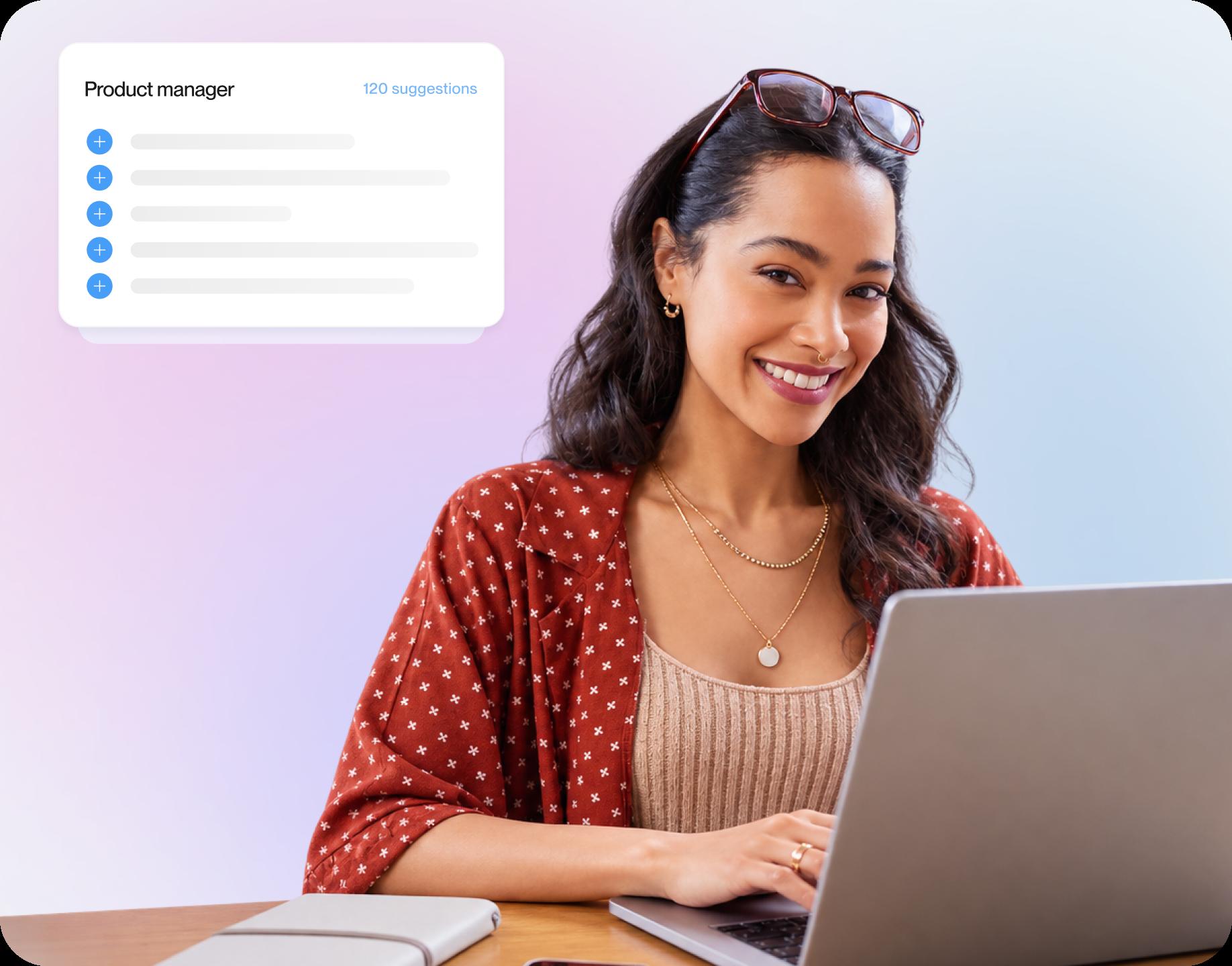 Smiling woman typing on a laptop beside a card listing 120 product manager suggestions