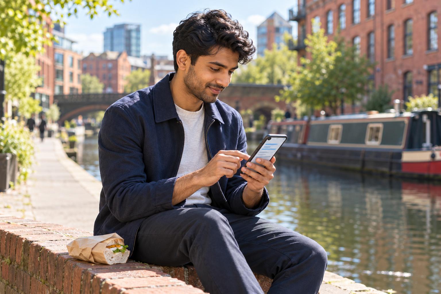 Young professional updating his CV on his phone on a lunch break beside a canal