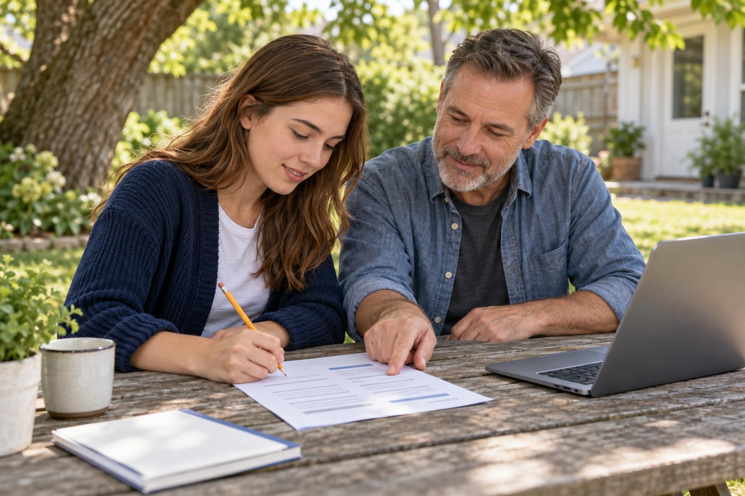 Young woman adding a number to her printed resume as an older man points to a line at a picnic table