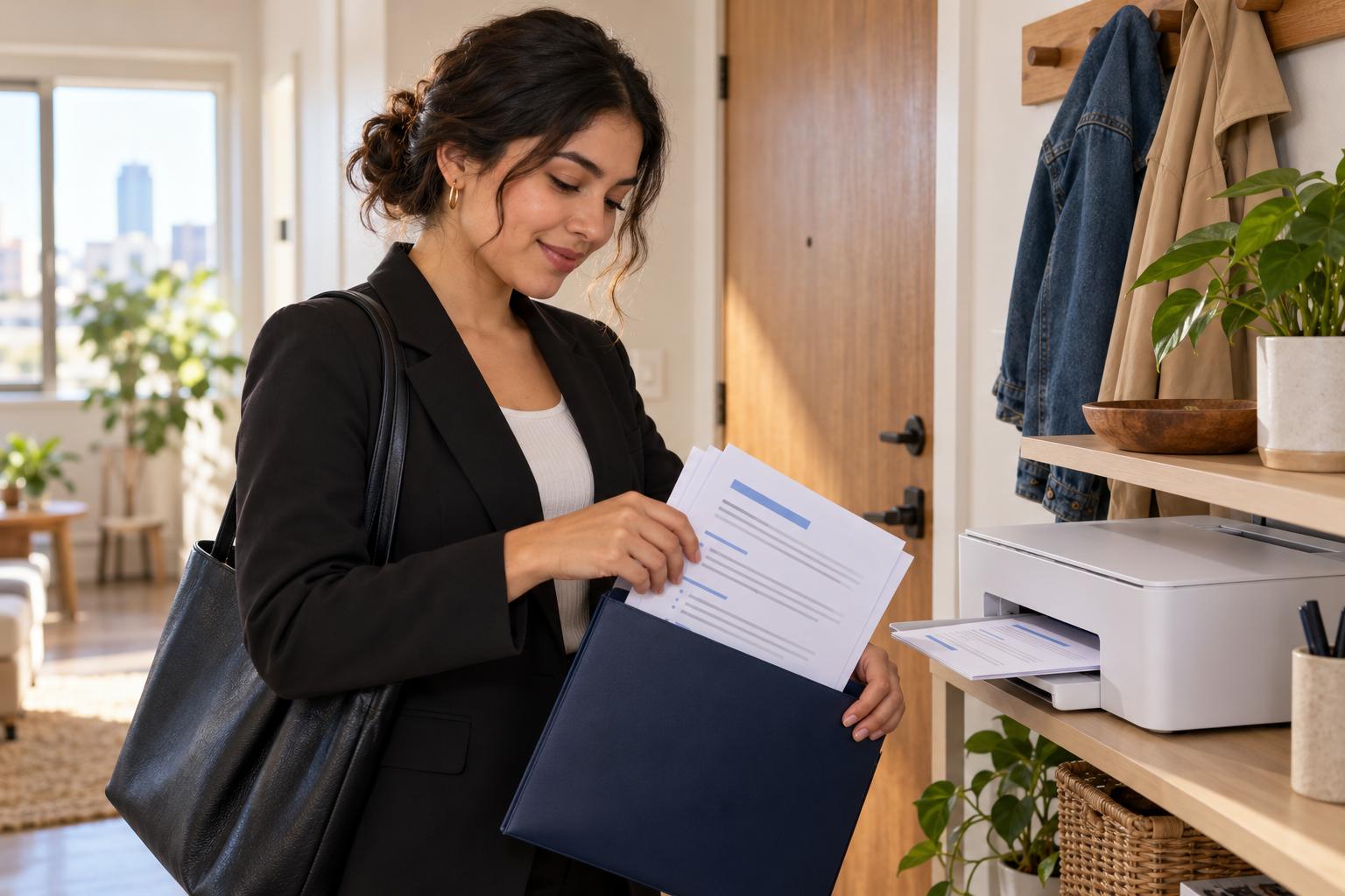 Young woman sliding printed resumes into a folder by her apartment door on the morning of a job fair