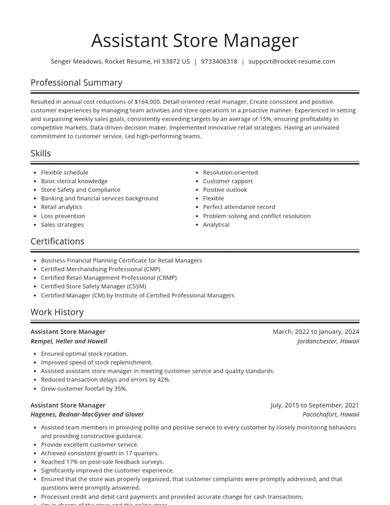 Assistant Store Manager resume example