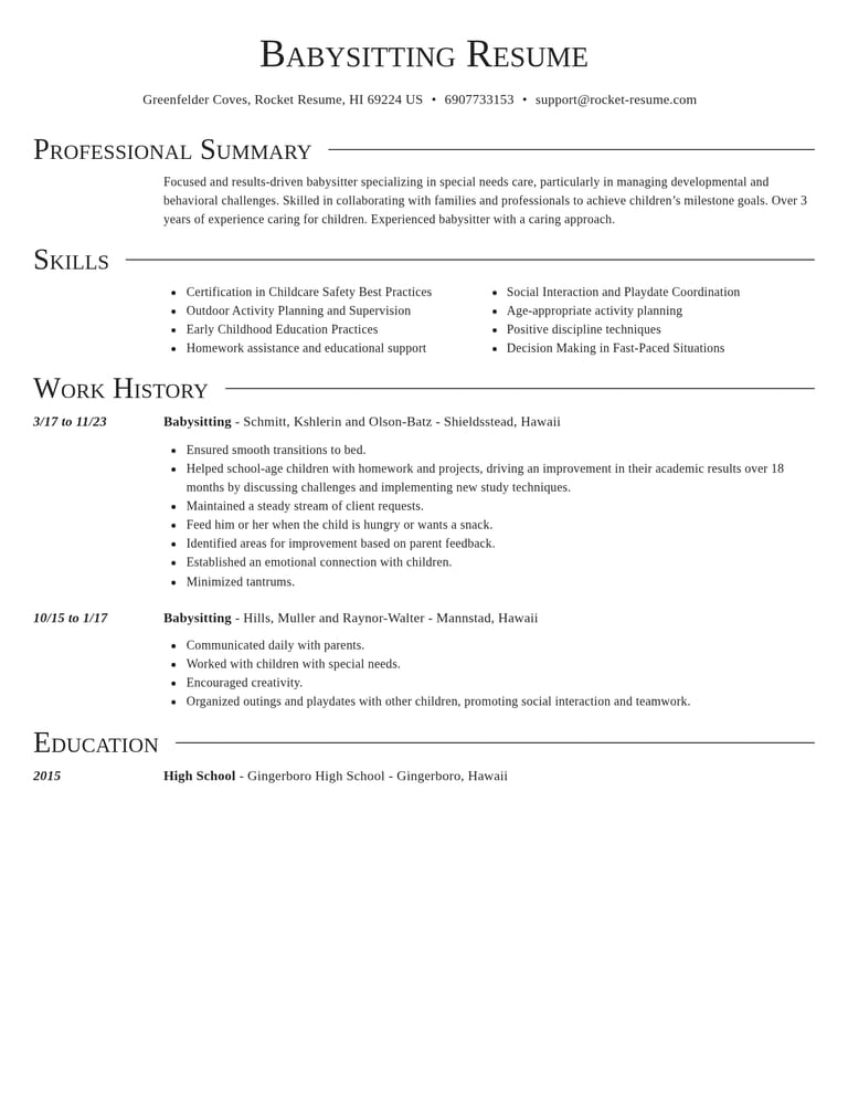 Babysitting CV example