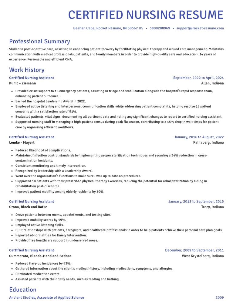 Certified Nursing Assistant resume example