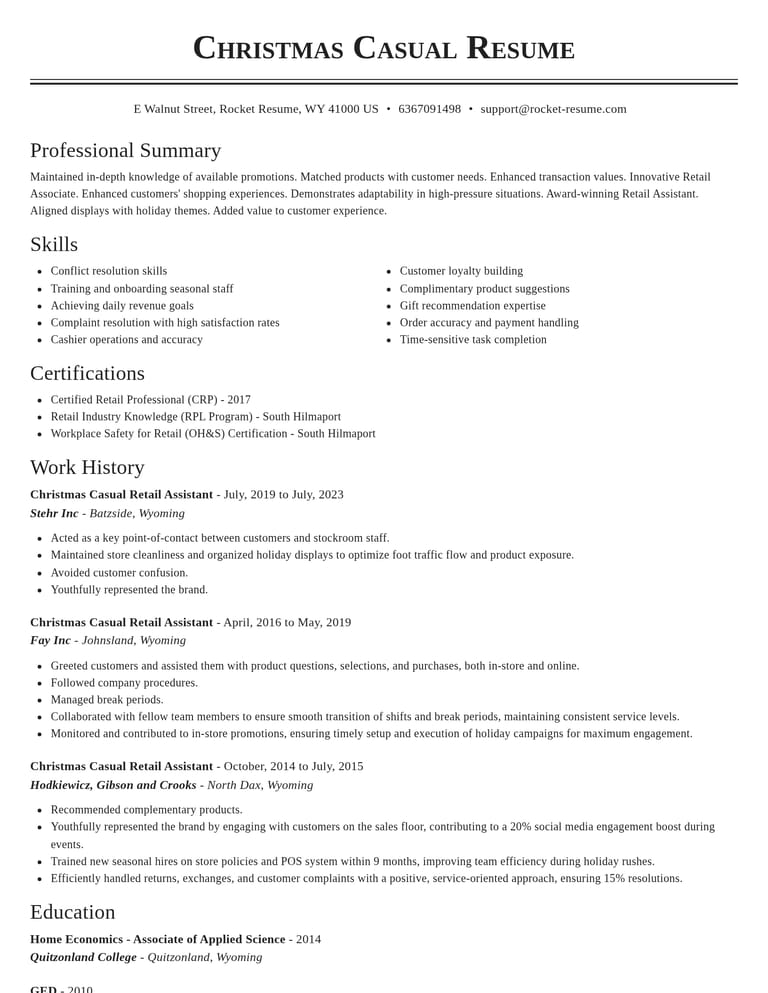 Christmas Casual Retail Assistant CV example