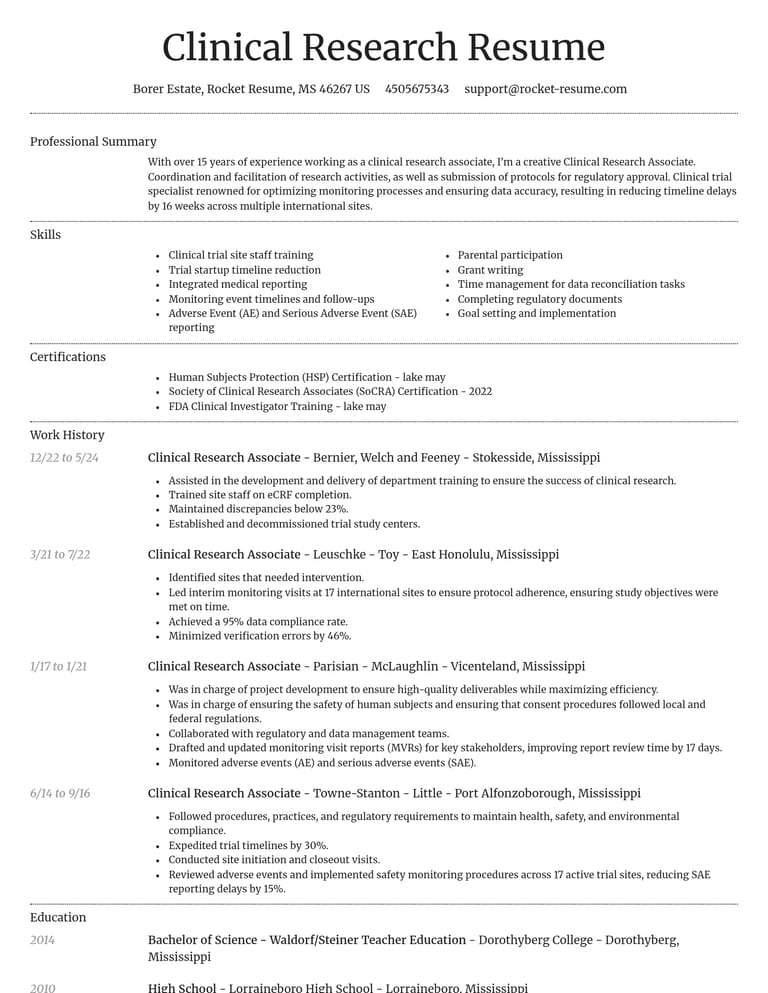 Clinical Research Associate CV example