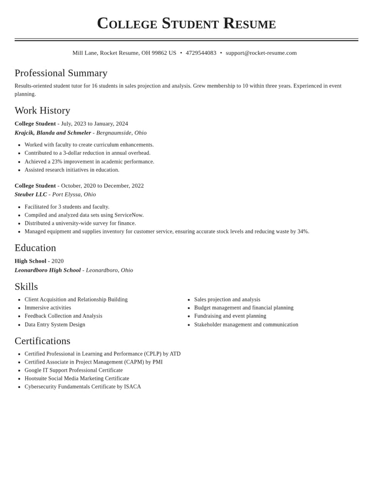 College Student resume example