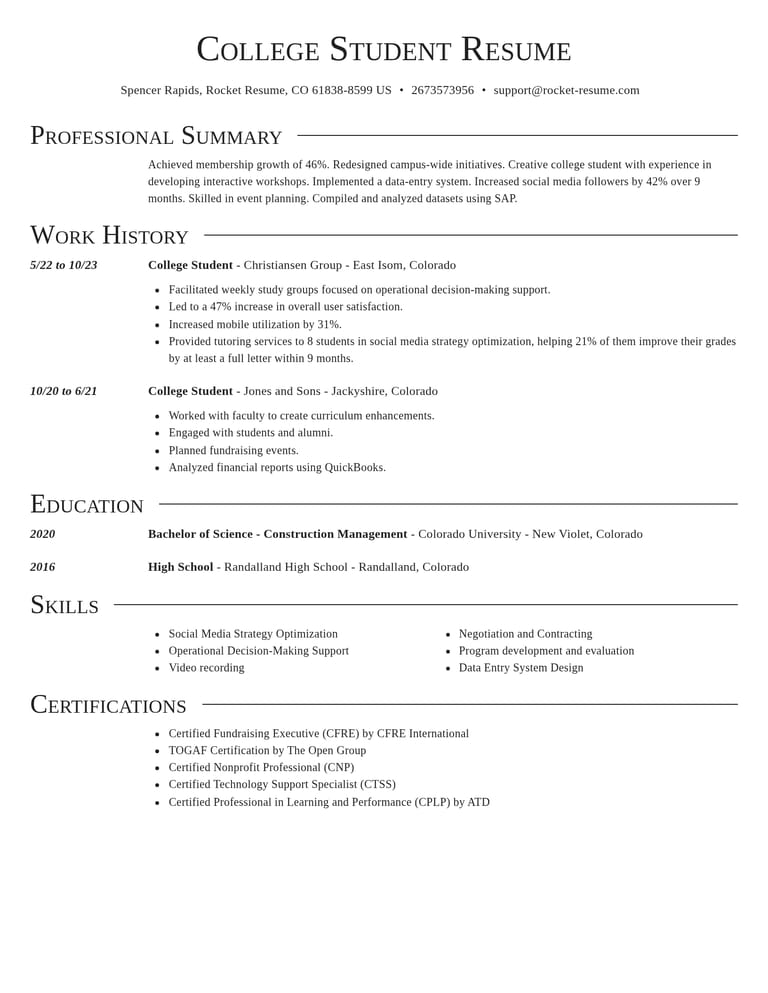 College Student CV example