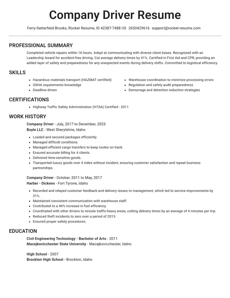 Company Driver resume example