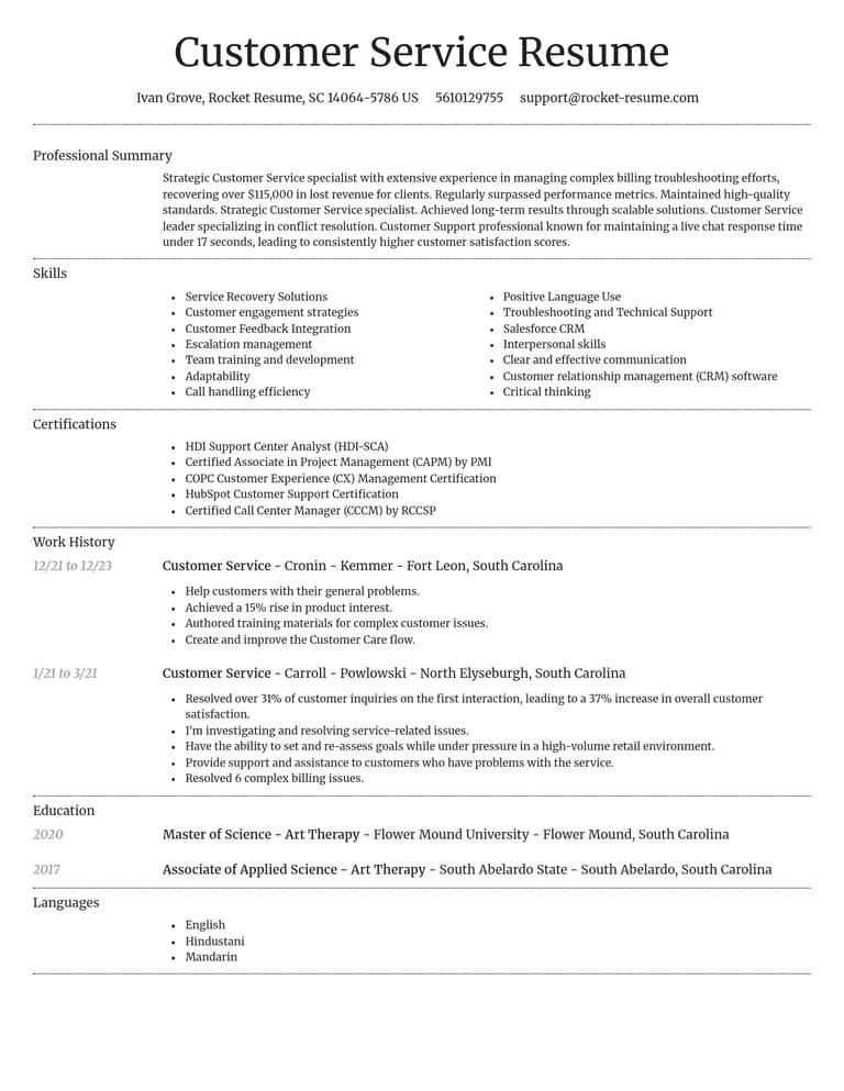 Customer Service resume example