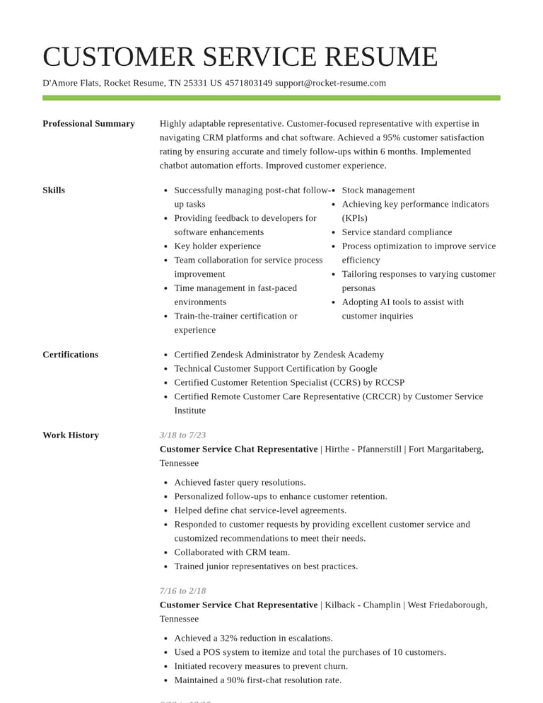 Customer Service Chat Representative CV example