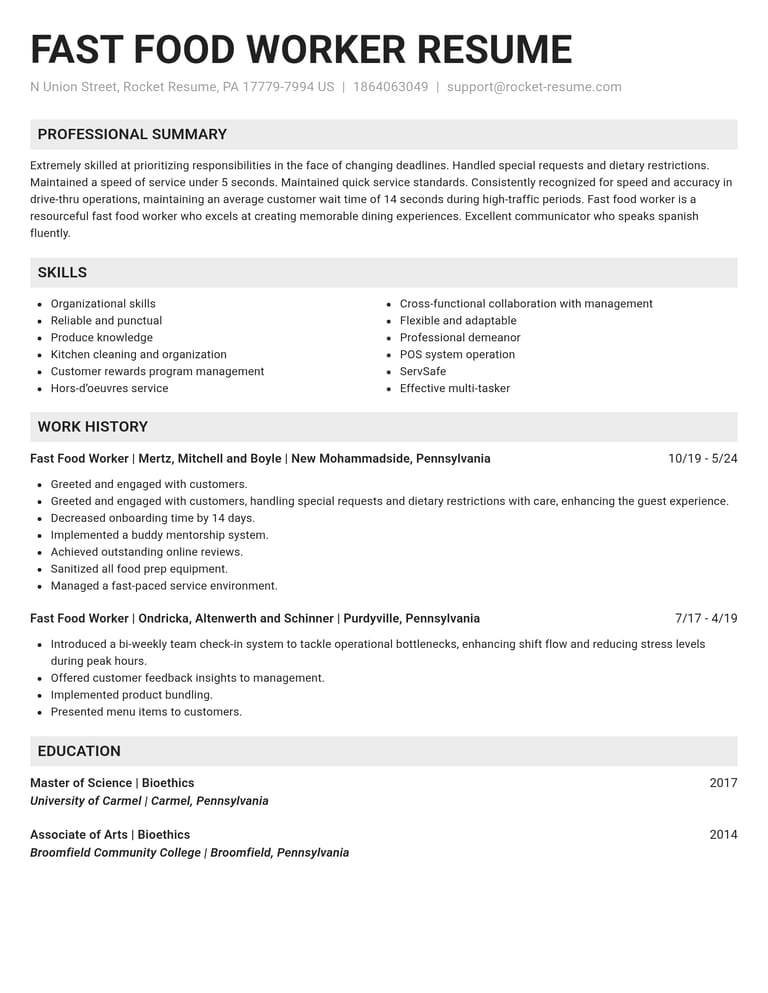 Fast Food Worker resume example