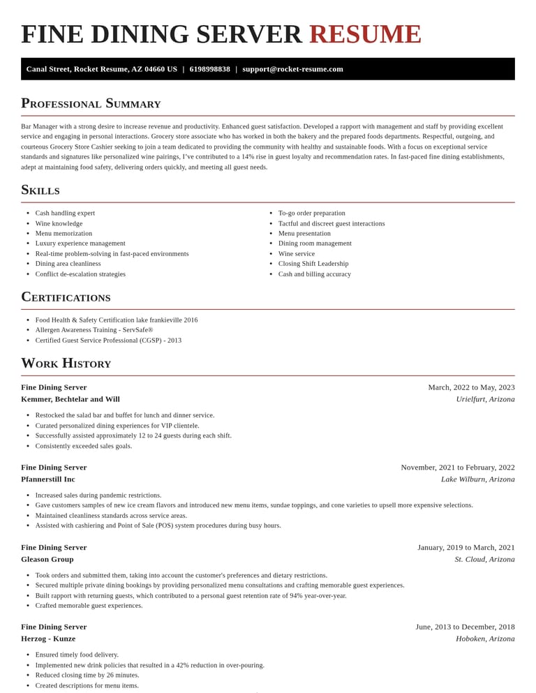 Fine Dining Server resume example
