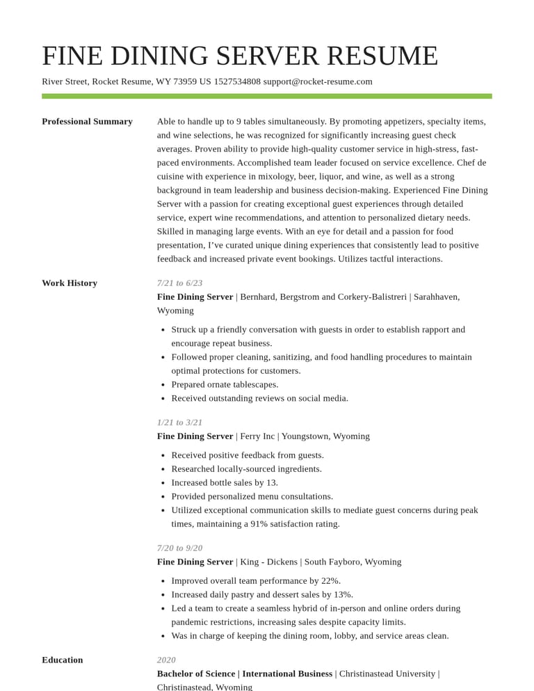 Fine Dining Server CV example