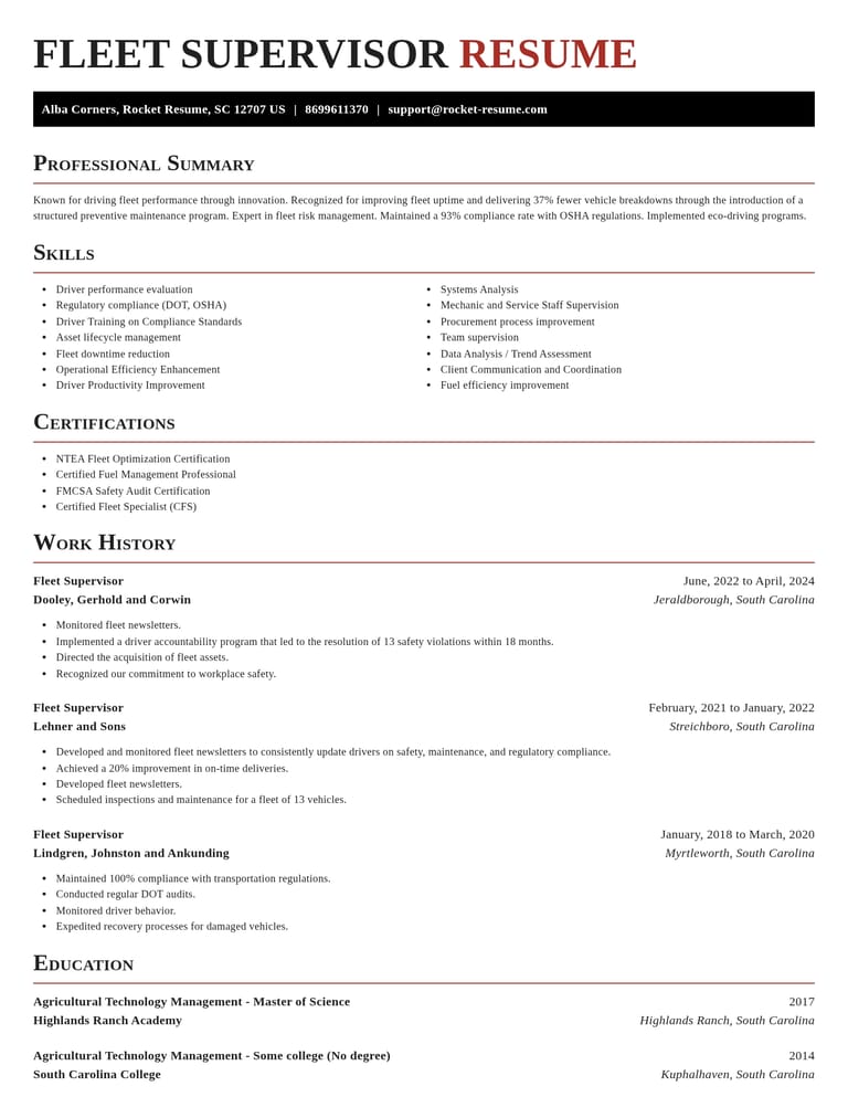 Fleet Supervisor CV example