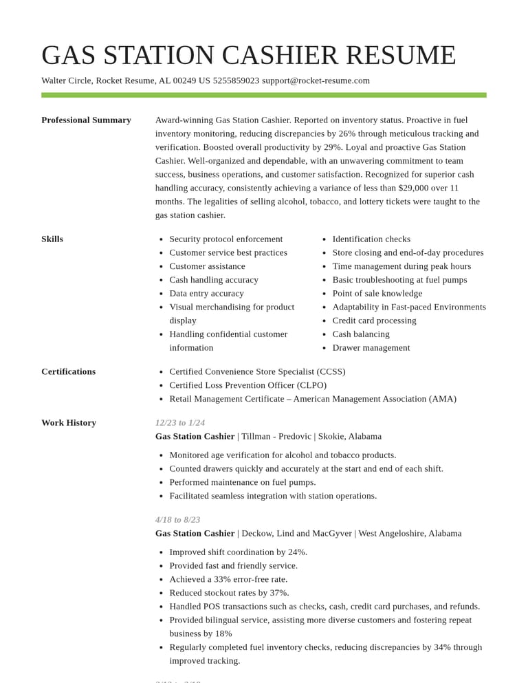 Gas Station Cashier resume example