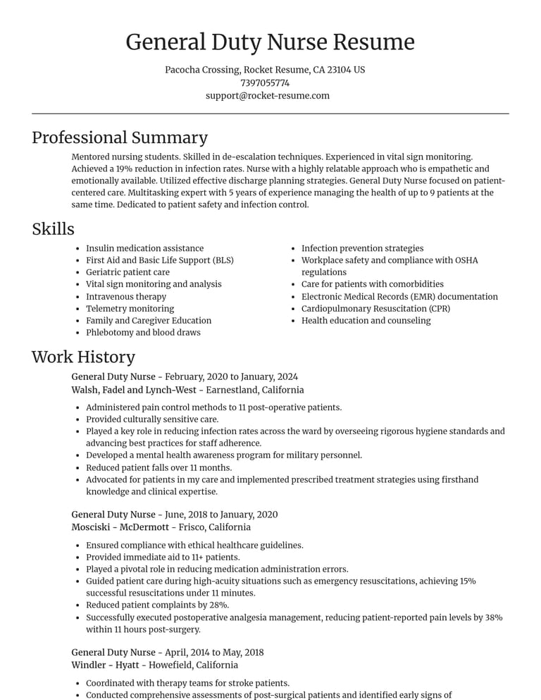 General Duty Nurse CV example