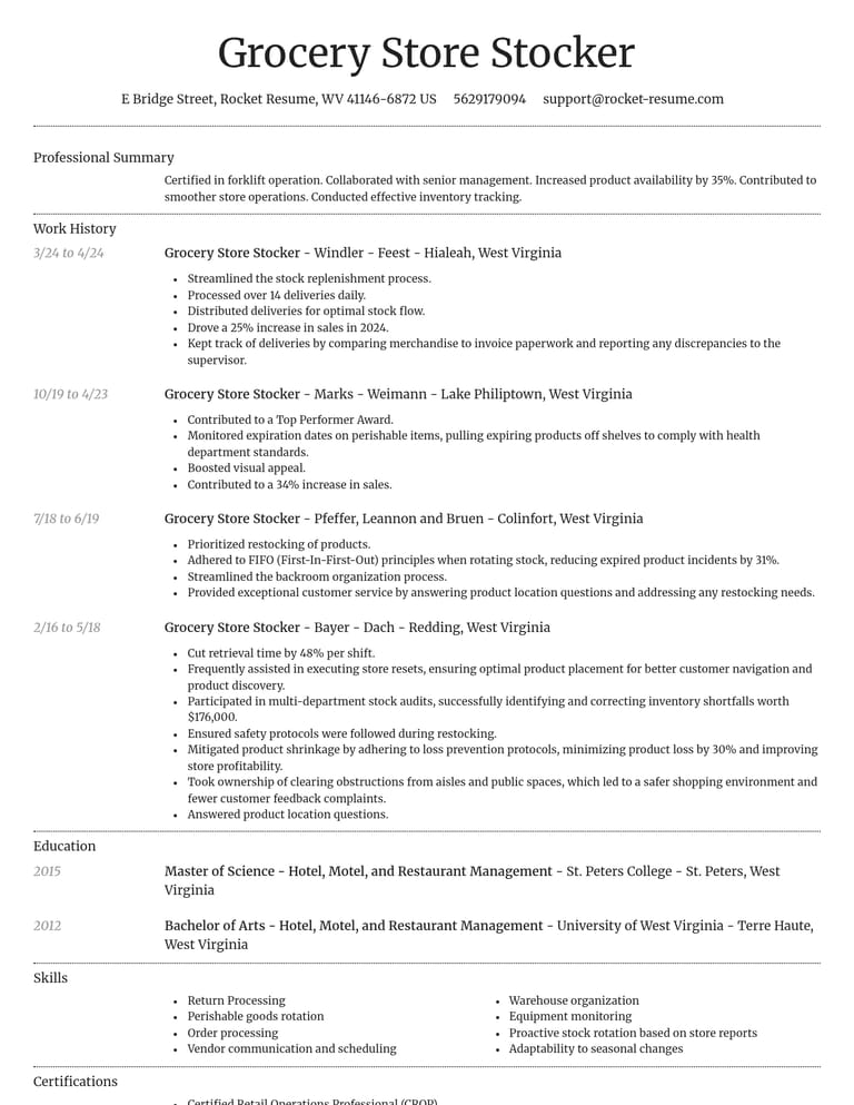 Grocery Store Stocker resume example