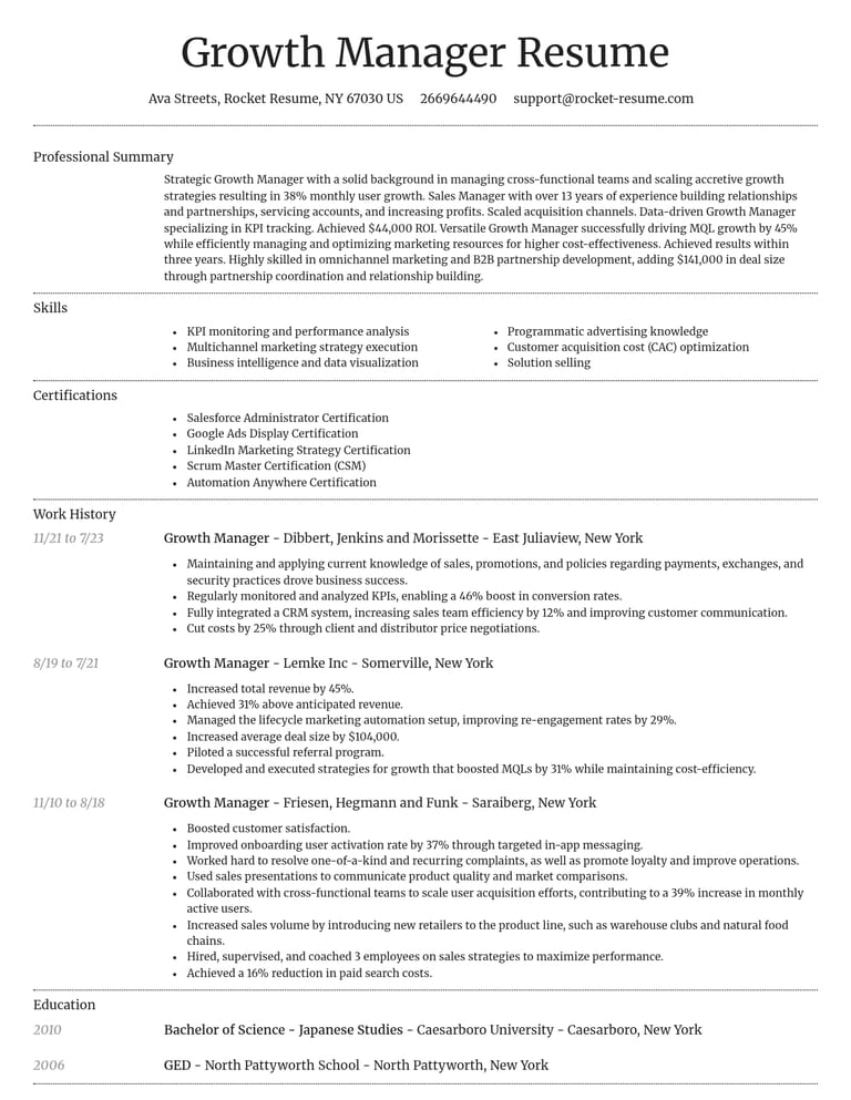 Growth Manager CV example