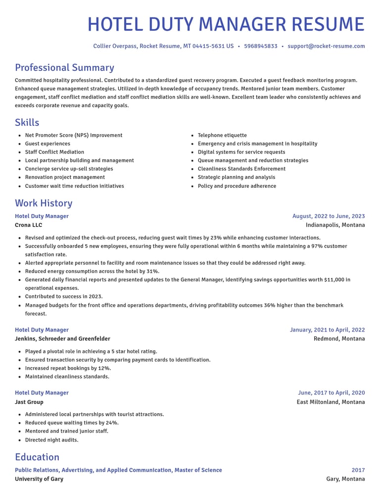 Hotel Duty Manager CV example