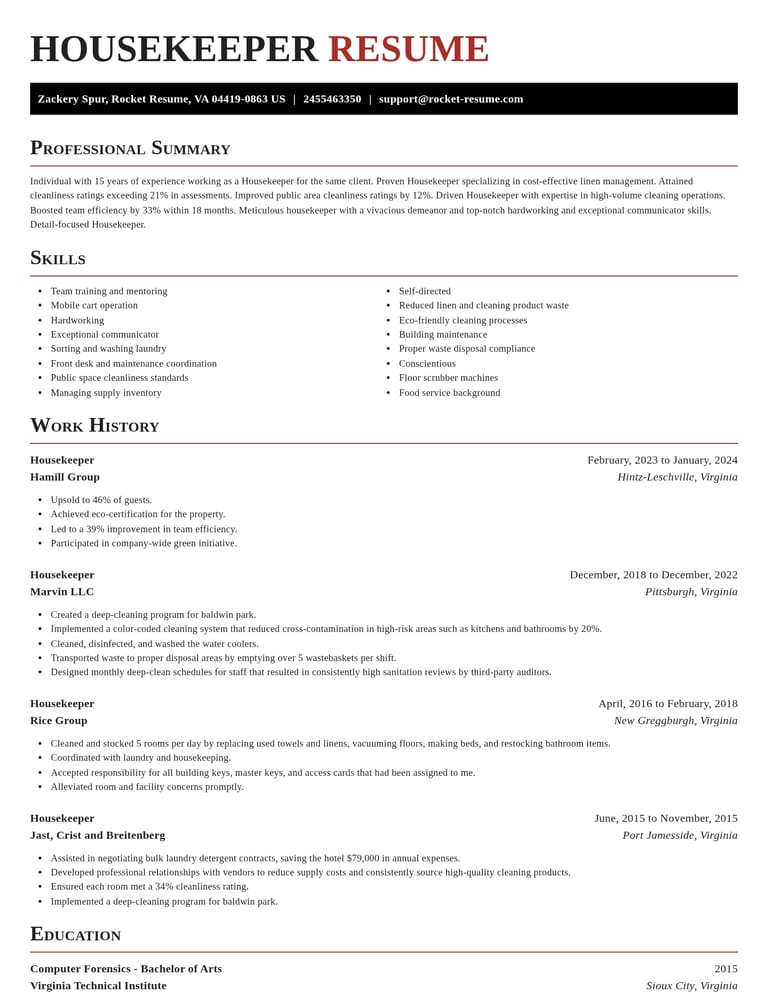 Housekeeper resume example
