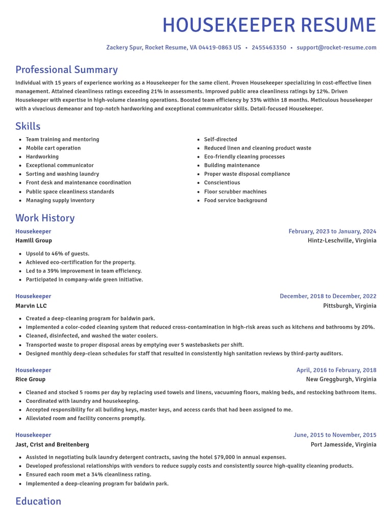 Housekeeper CV example