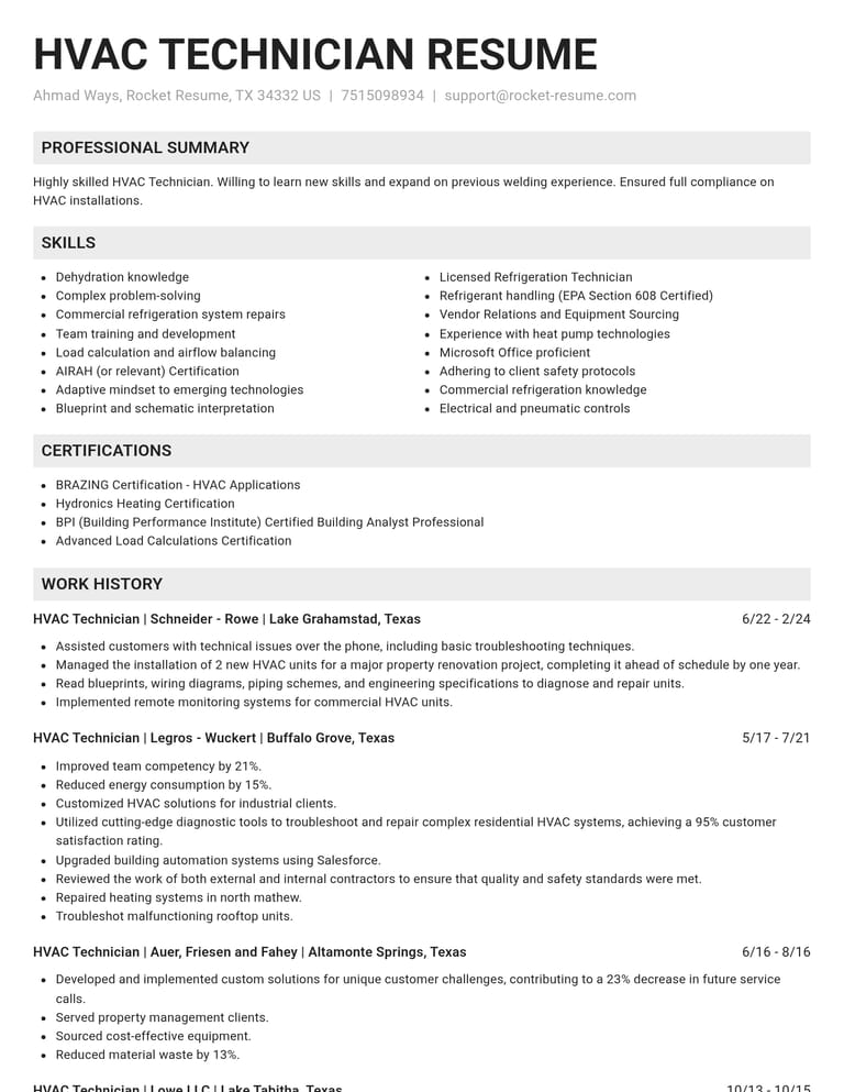 HVAC Technician CV example
