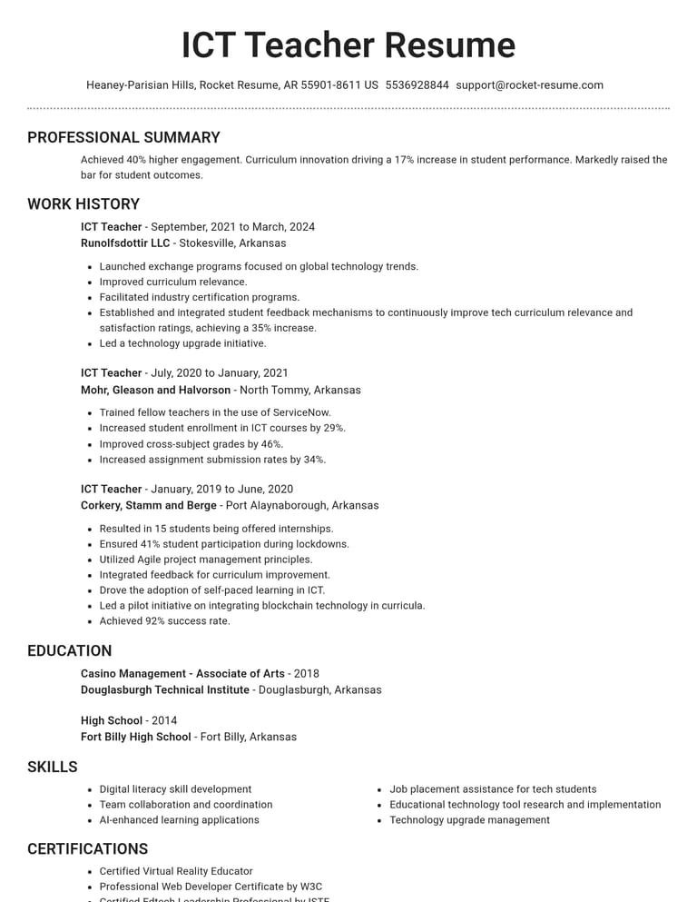 ICT Teacher CV example