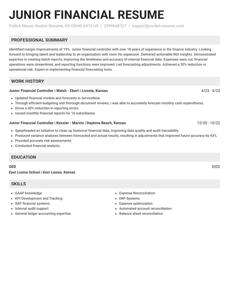 Junior Financial Controller CV example
