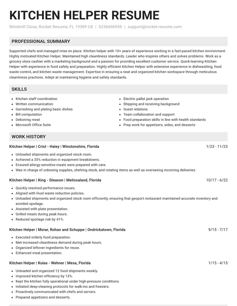 Kitchen Helper CV example