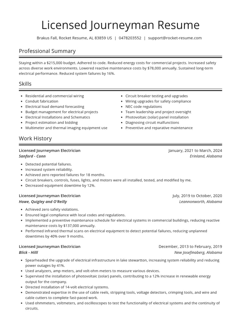 Licensed Journeyman Electrician resume example