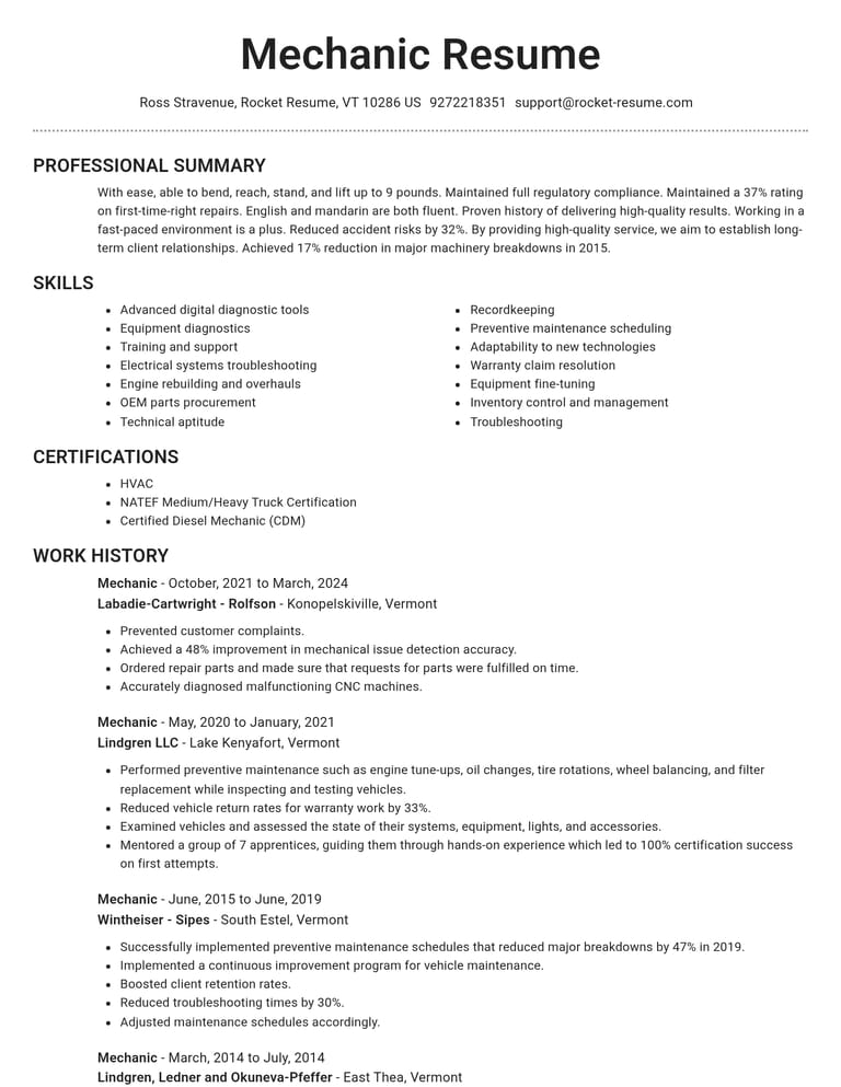 Mechanic CV example