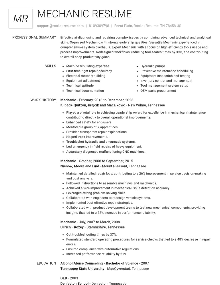 Mechanic resume example