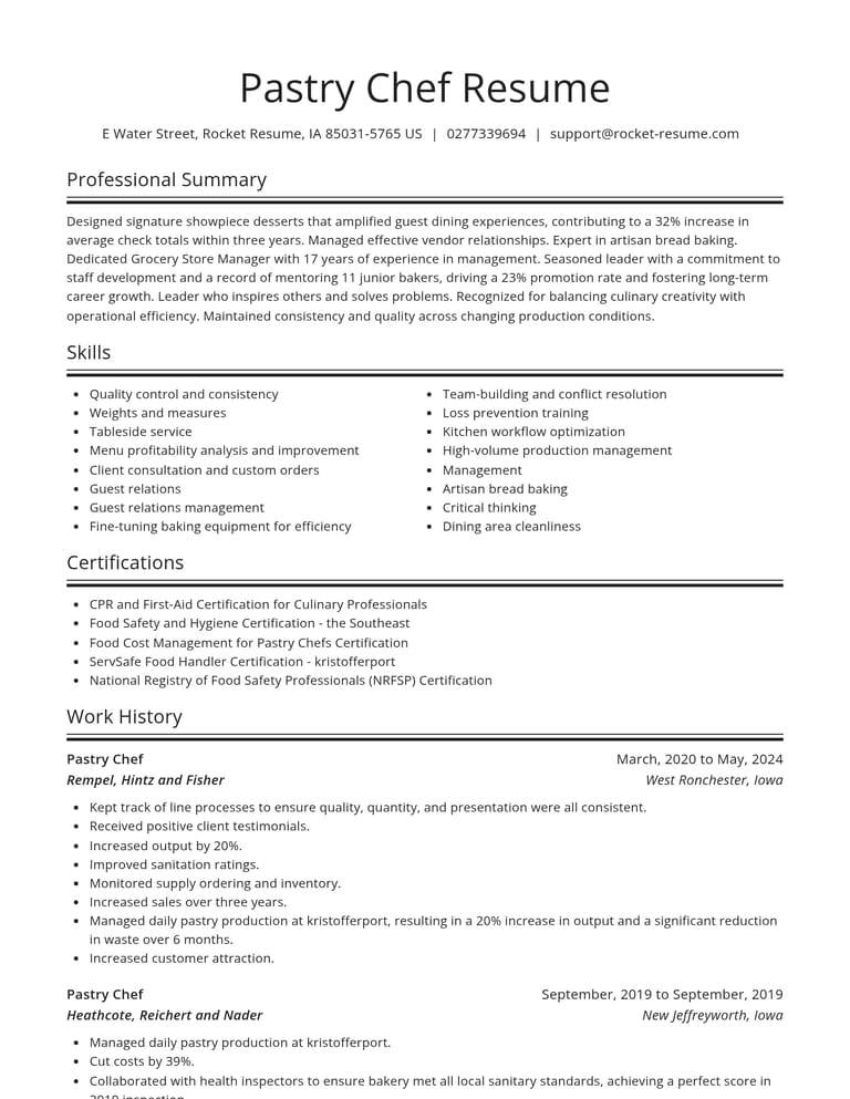 Pastry Chef CV example
