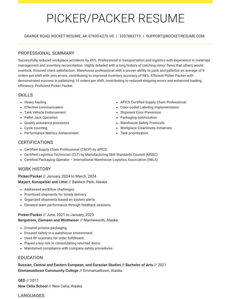 Picker/Packer CV example