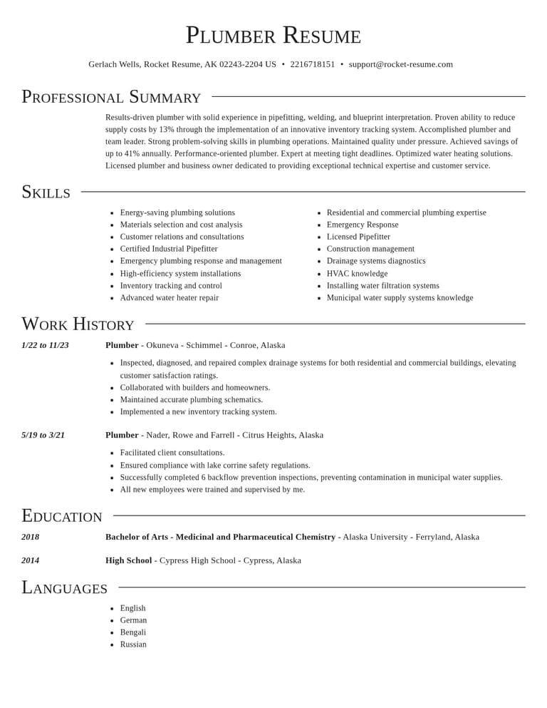 Plumber resume example
