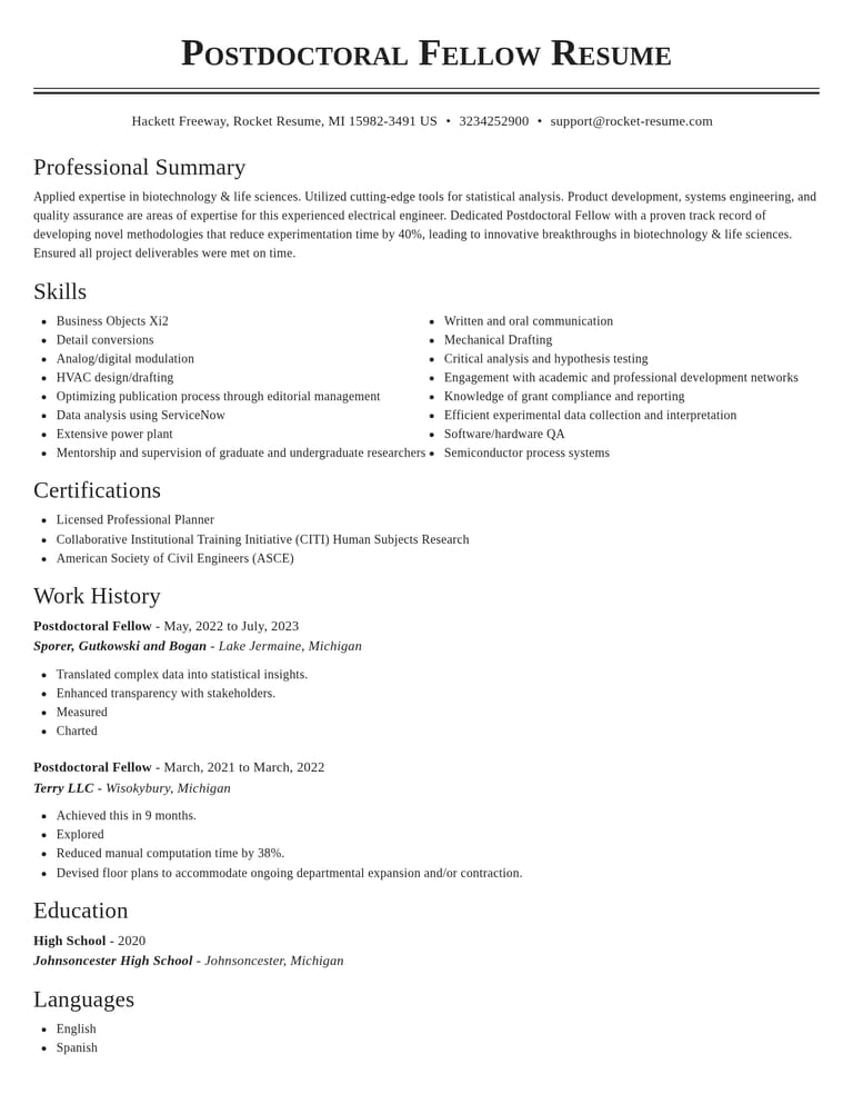 Postdoctoral Fellow CV example
