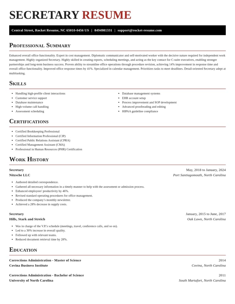 Secretary CV example