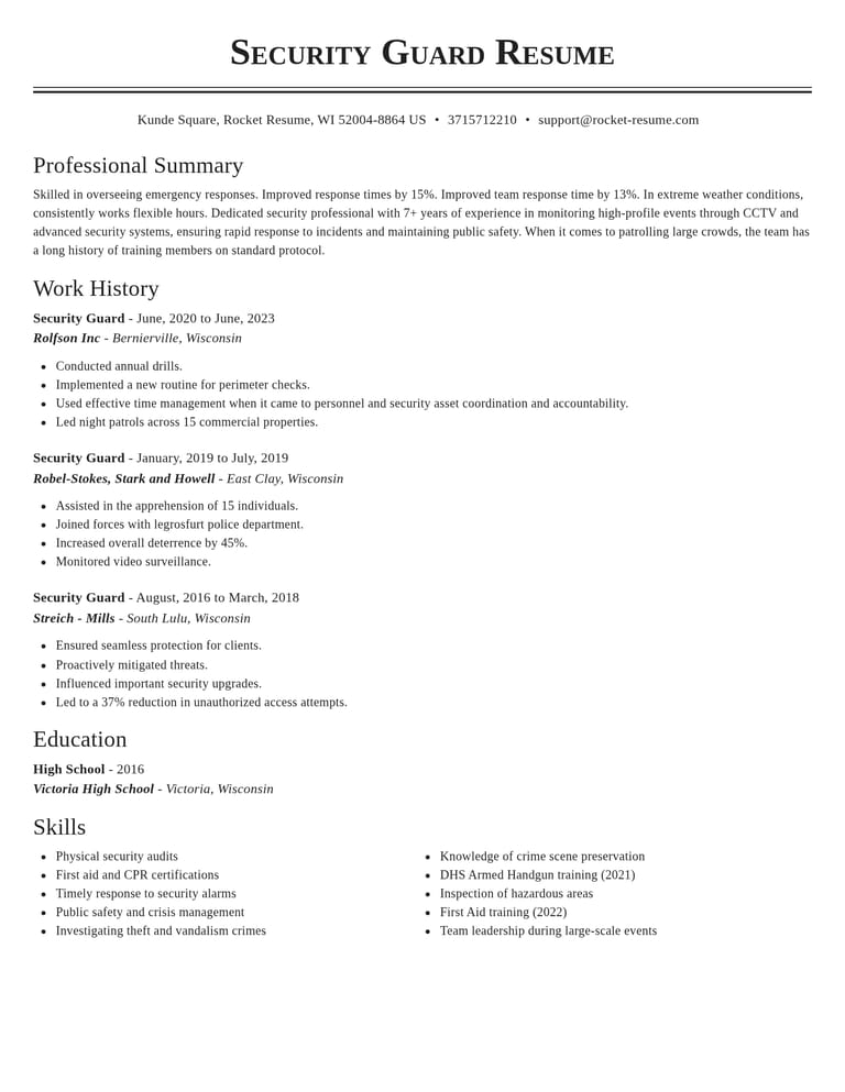 Security Guard resume example