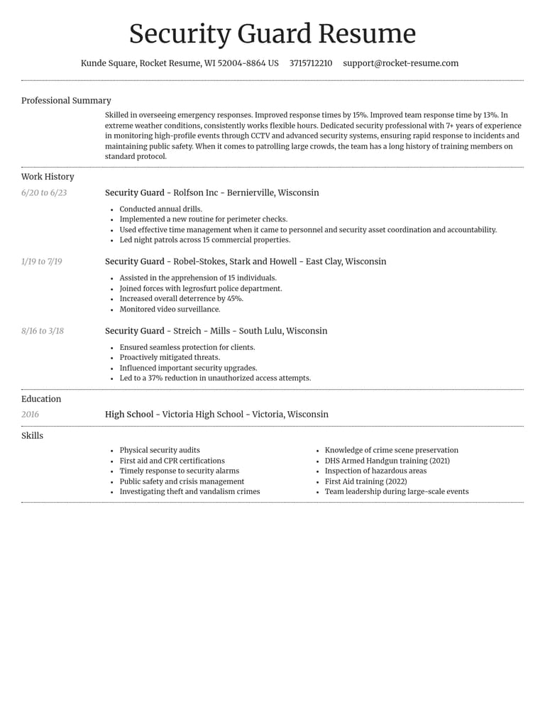 Security Guard CV example