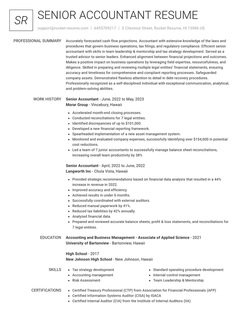 Senior Accountant CV example