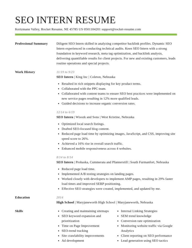 SEO Intern CV example