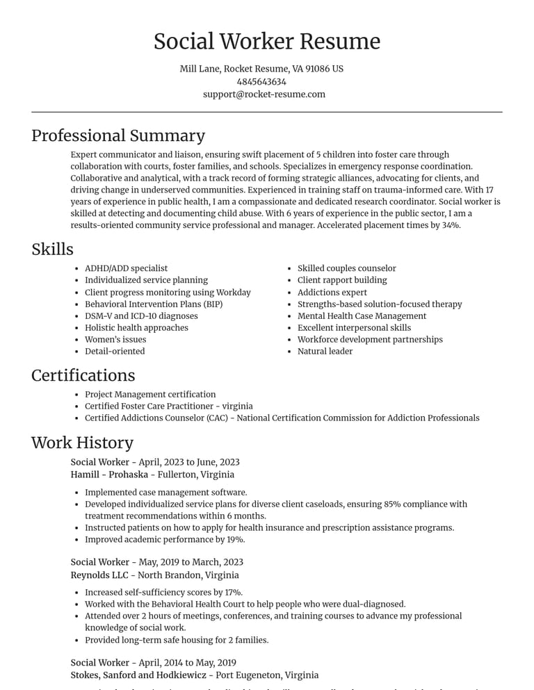 Social Worker resume example
