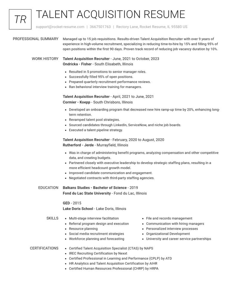Talent Acquisition Recruiter CV example