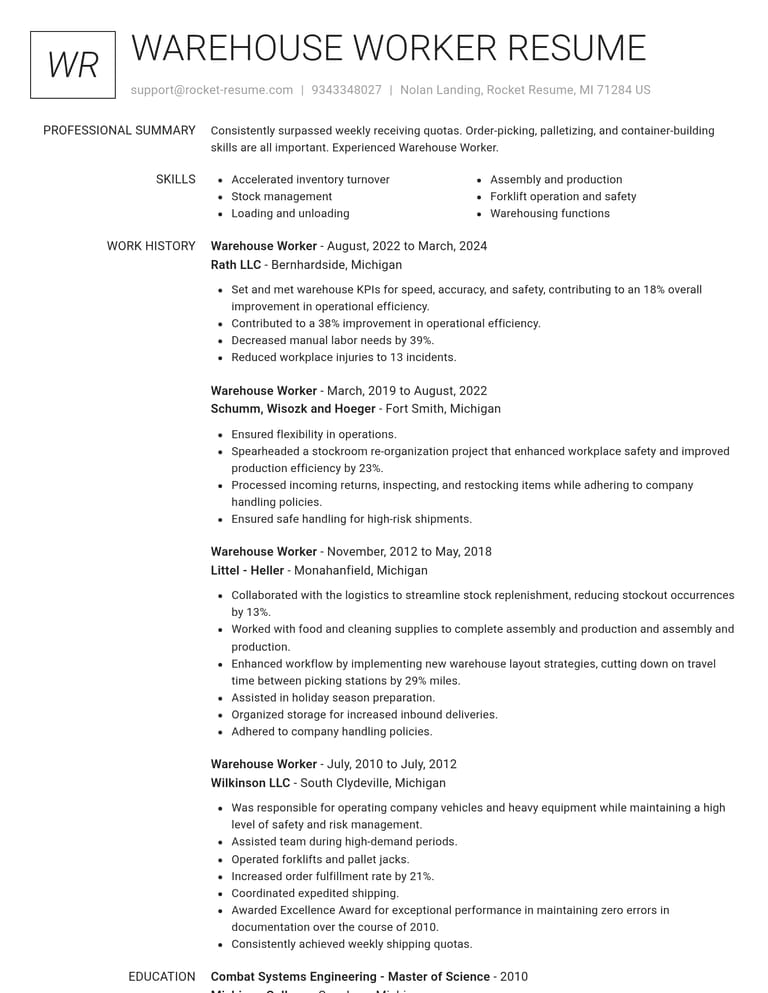 Warehouse Worker resume example