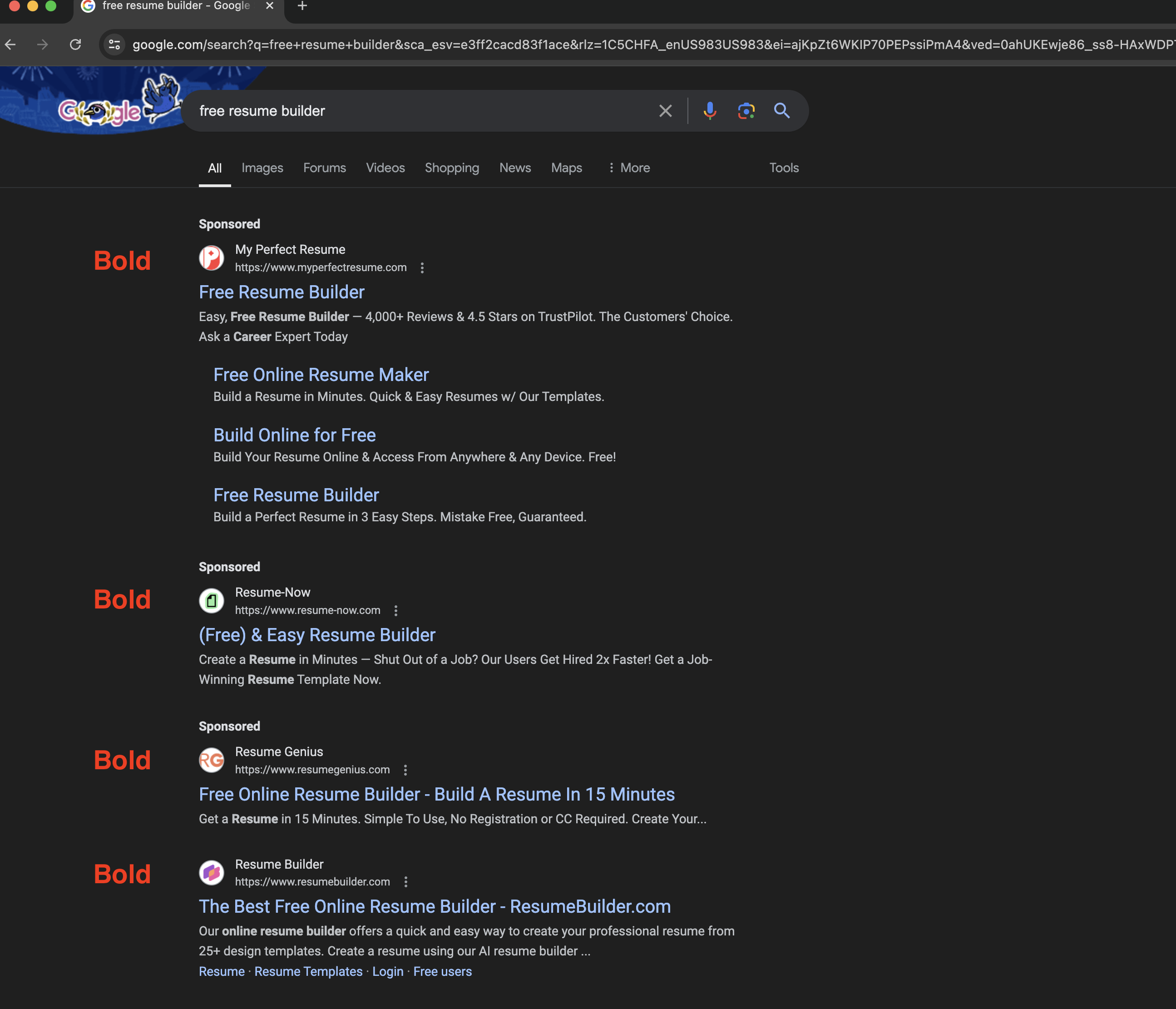 Screenshot of Google search results for the query 'free resume builder' showing Bold-owned brands My Perfect Resume, Resume-Now, Resume Genius, and Resume Builder simultaneously occupying the top four search results, illustrating the alleged double-serving conduct described in the complaint.